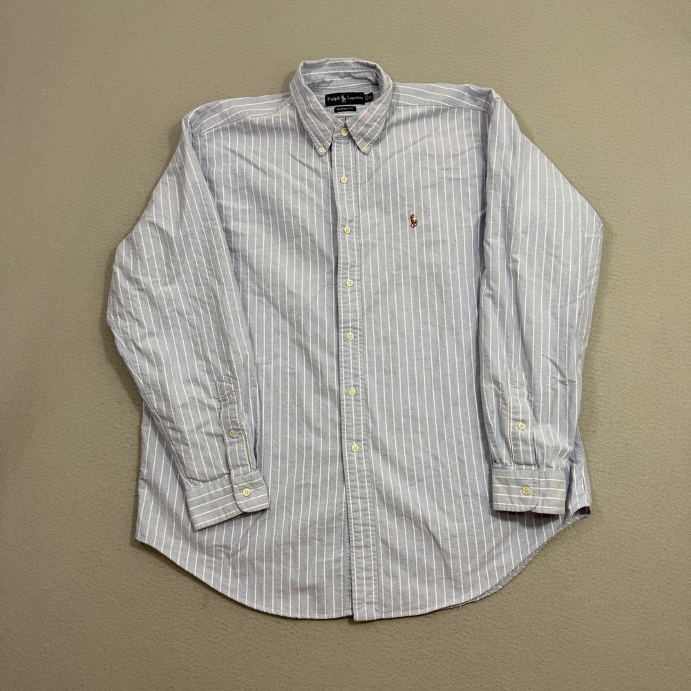 Polo Ralph Lauren Button Down Shirt XL Blue Pinstripe Classic Fit Oxford Cotton